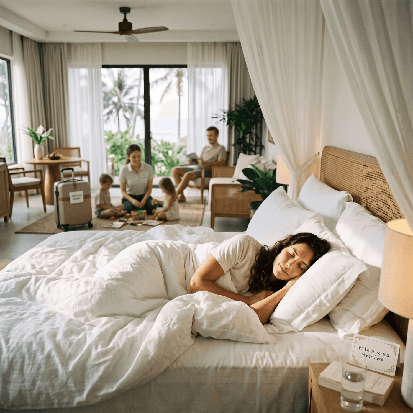 Parent sleeping in at a hotel while a nanny plays with the children