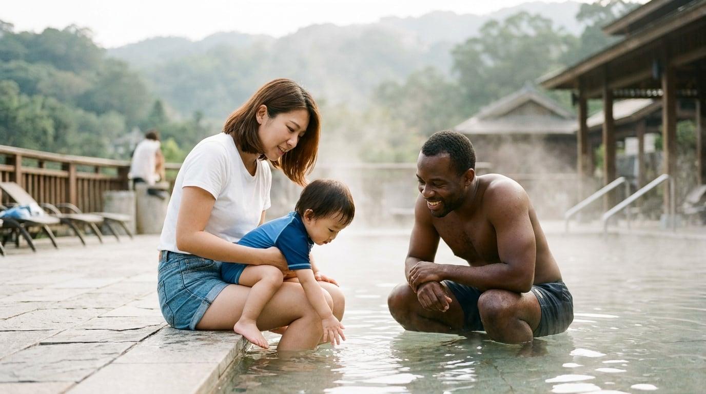 Taiwanese nanny helping toddler test hot spring water at Spring City Resort Beitou