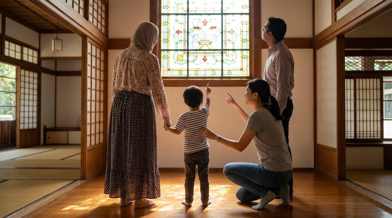 Taiwanese nanny and visiting family exploring Beitou Hot Spring Museum tatami room