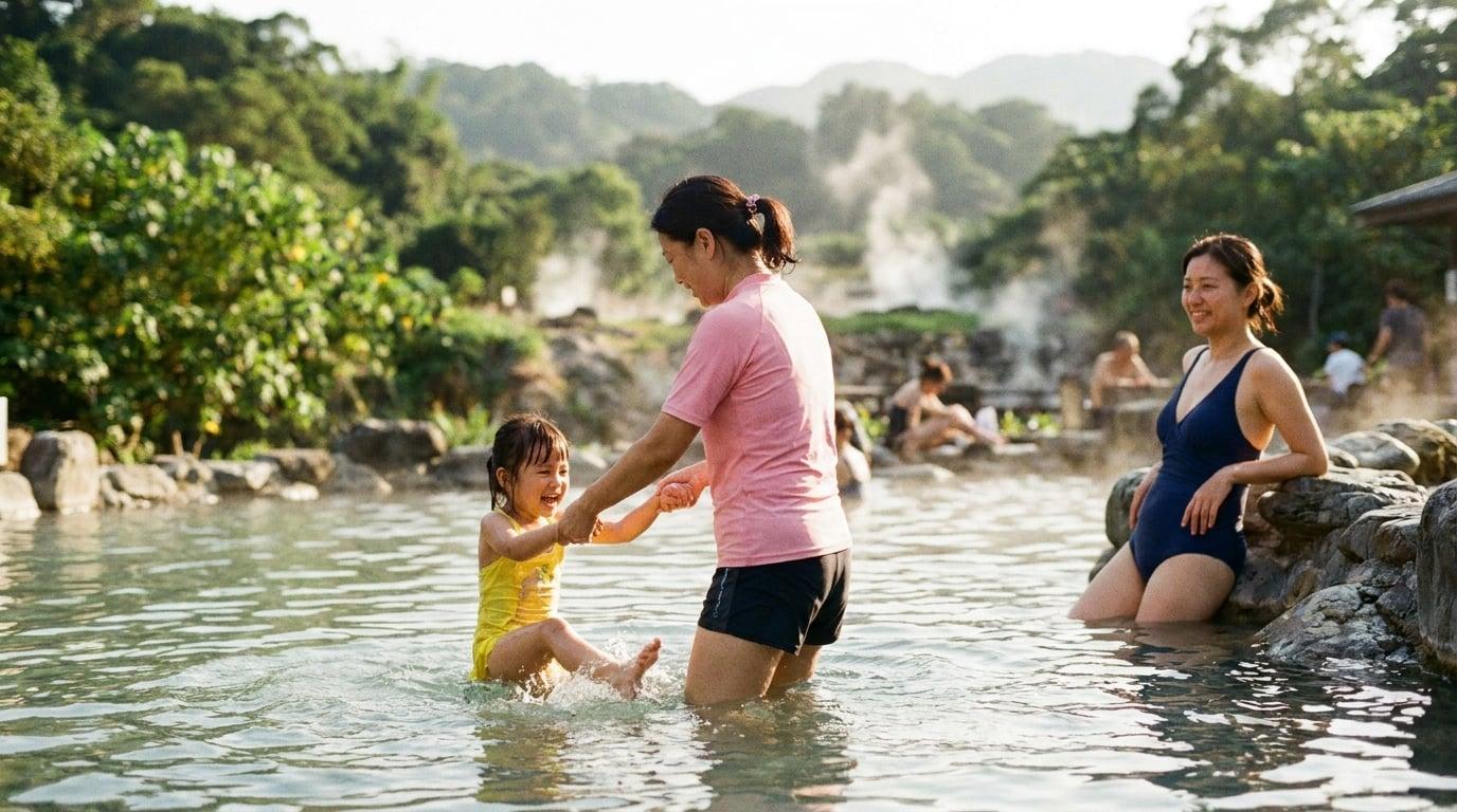 Taiwanese nanny and young girl splashing together in Beitou outdoor hot spring pool
