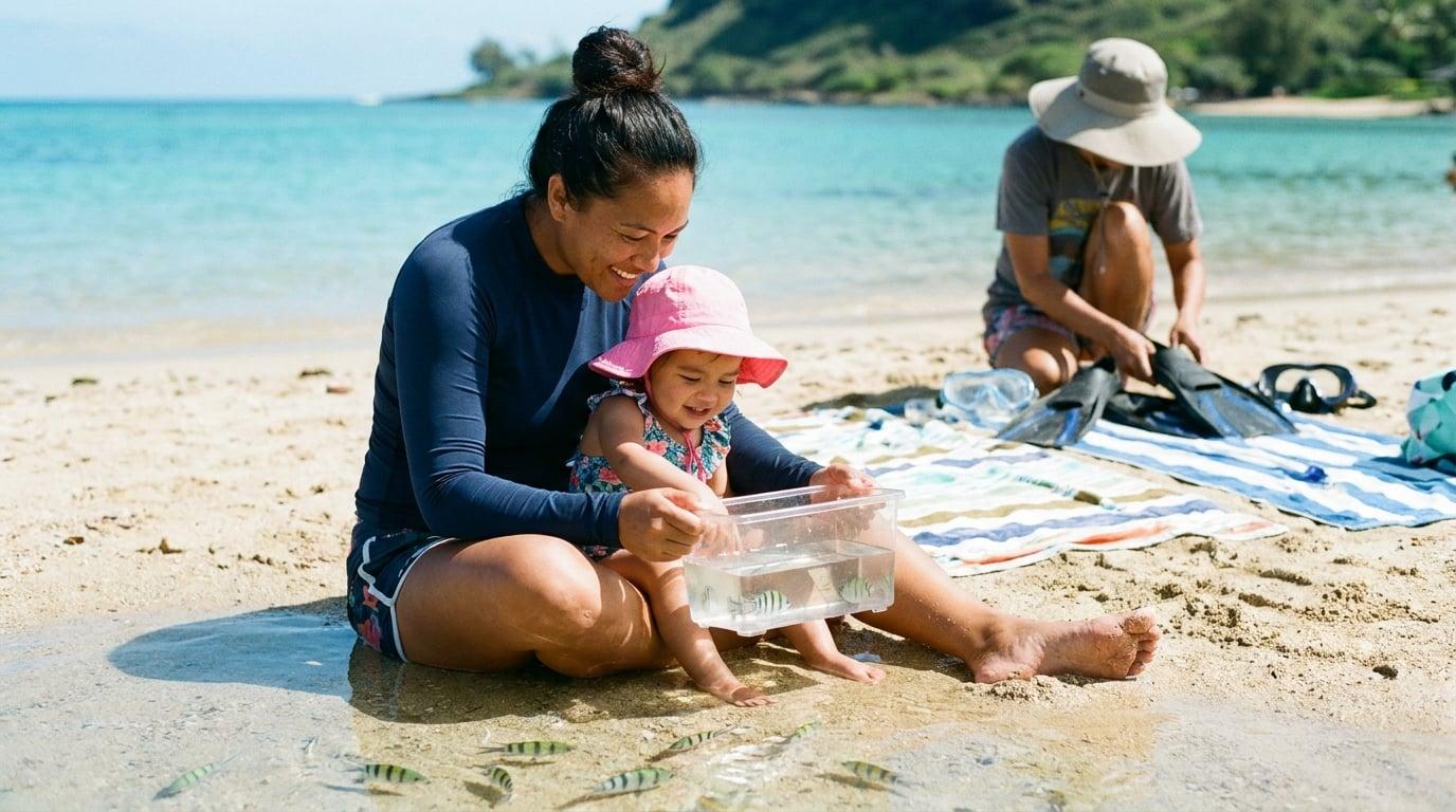 Nanny and toddler using viewing bucket to observe fish in tidal pool at Hanauma Bay