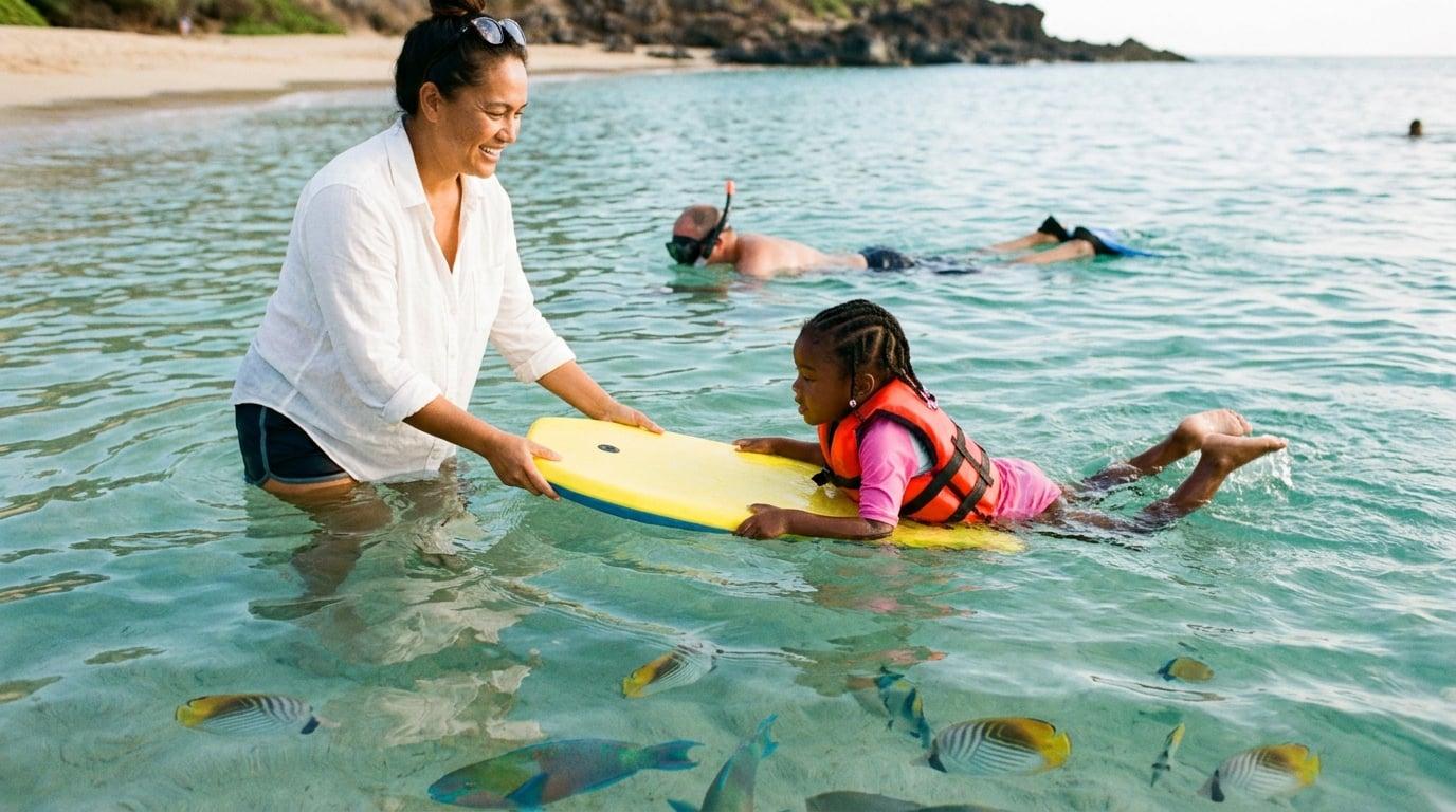 Hawaiian nanny helping young girl float on boogie board in calm Hanauma Bay water