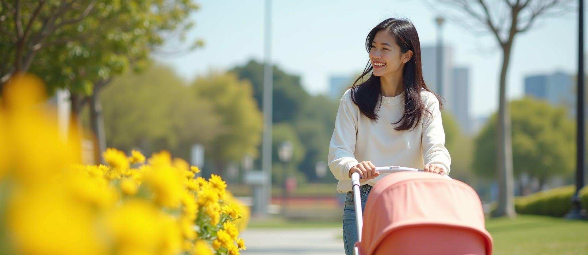 Parent with a stroller on a sunny park path