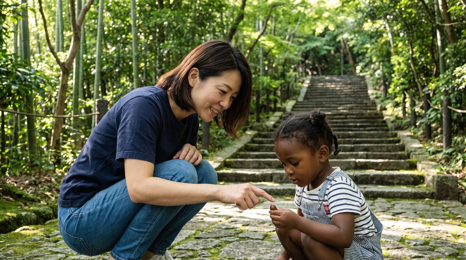 Japanese nanny and young girl examining acorns on Arashiyama Monkey Park hiking trail