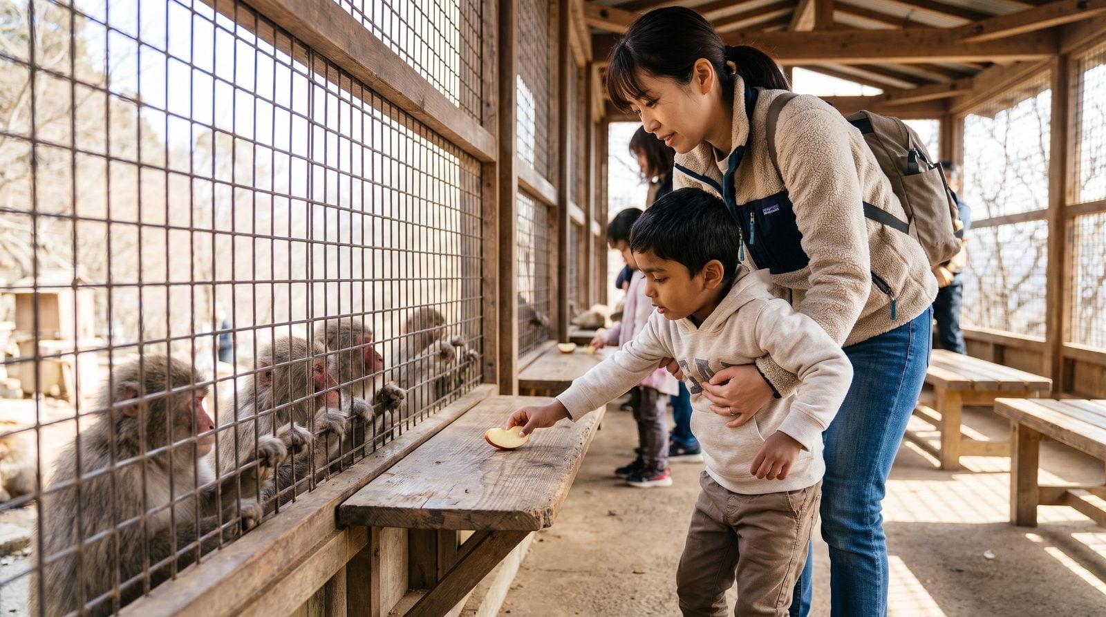 Nanny helping child feed monkeys through wire mesh at Arashiyama summit feeding hut