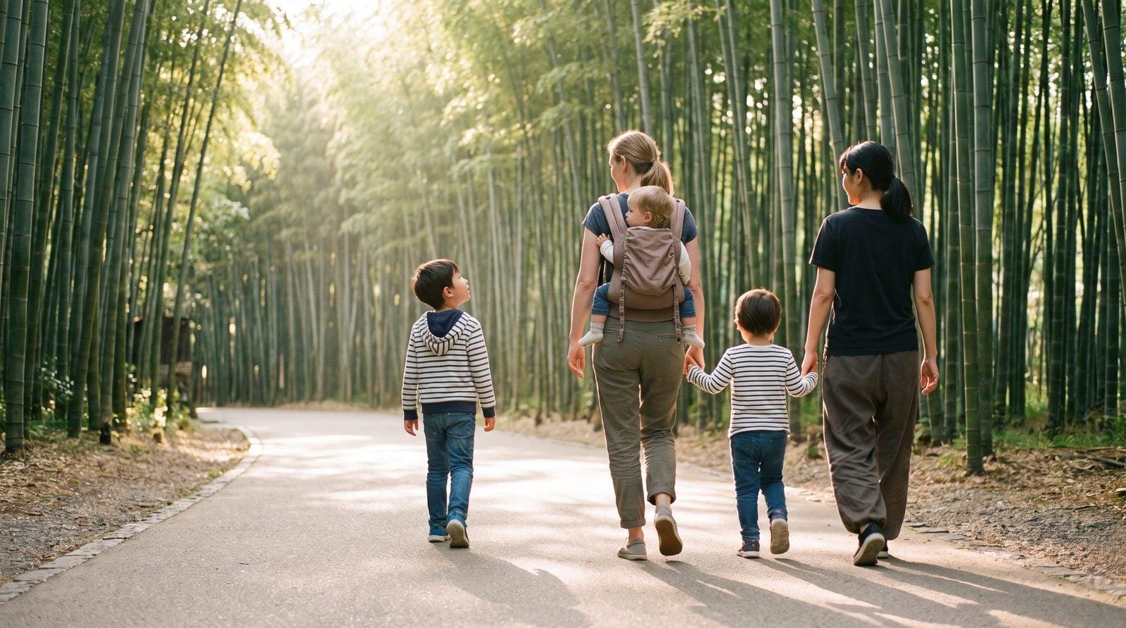 Family with local nanny walking through quiet Arashiyama Bamboo Grove in early morning