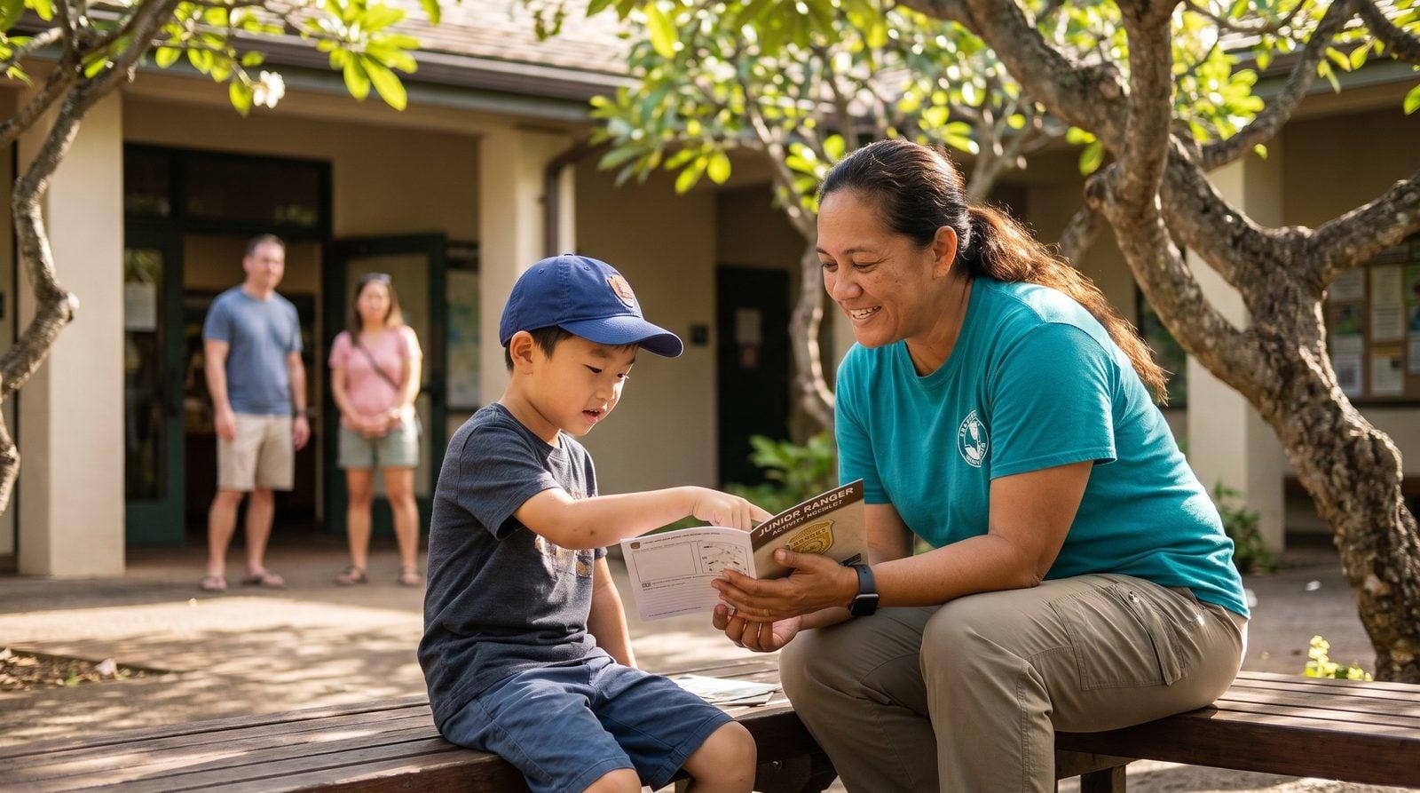 Hawaiian nanny and young boy completing Junior Ranger activity book at Pearl Harbor Visitor Centre
