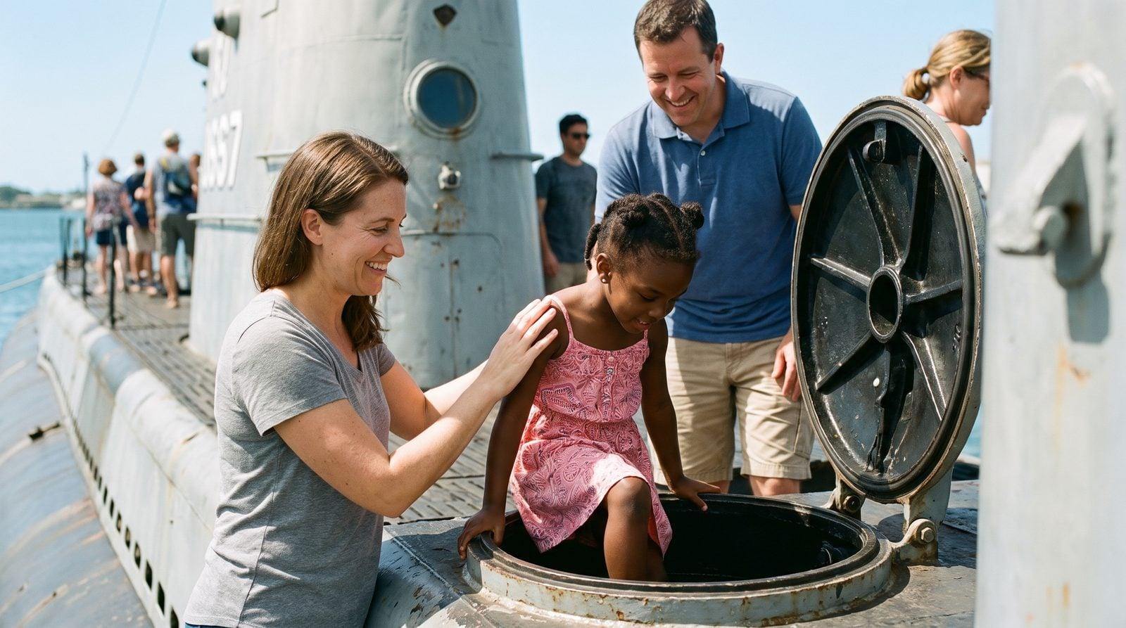 Nanny helping young girl climb through hatch on USS Bowfin submarine deck