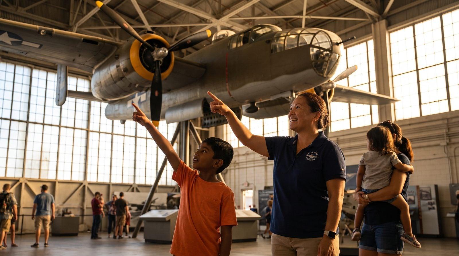 Hawaiian nanny and young boy looking at historic aircraft in Pearl Harbor Aviation Museum hangar