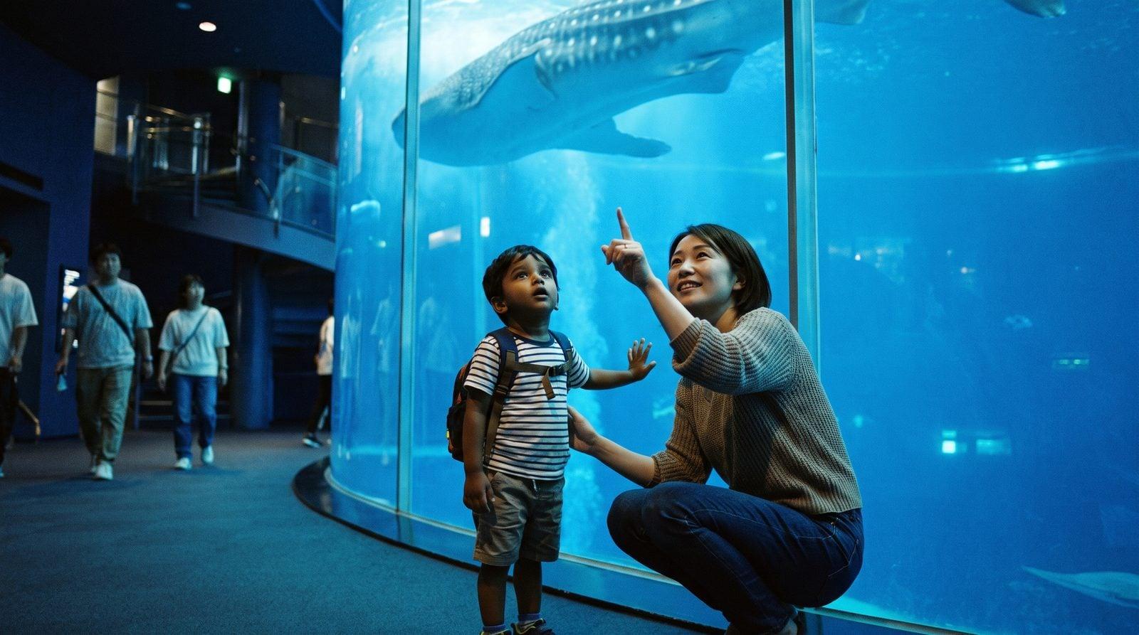 Japanese nanny and young boy watching whale shark at Kaiyukan aquarium