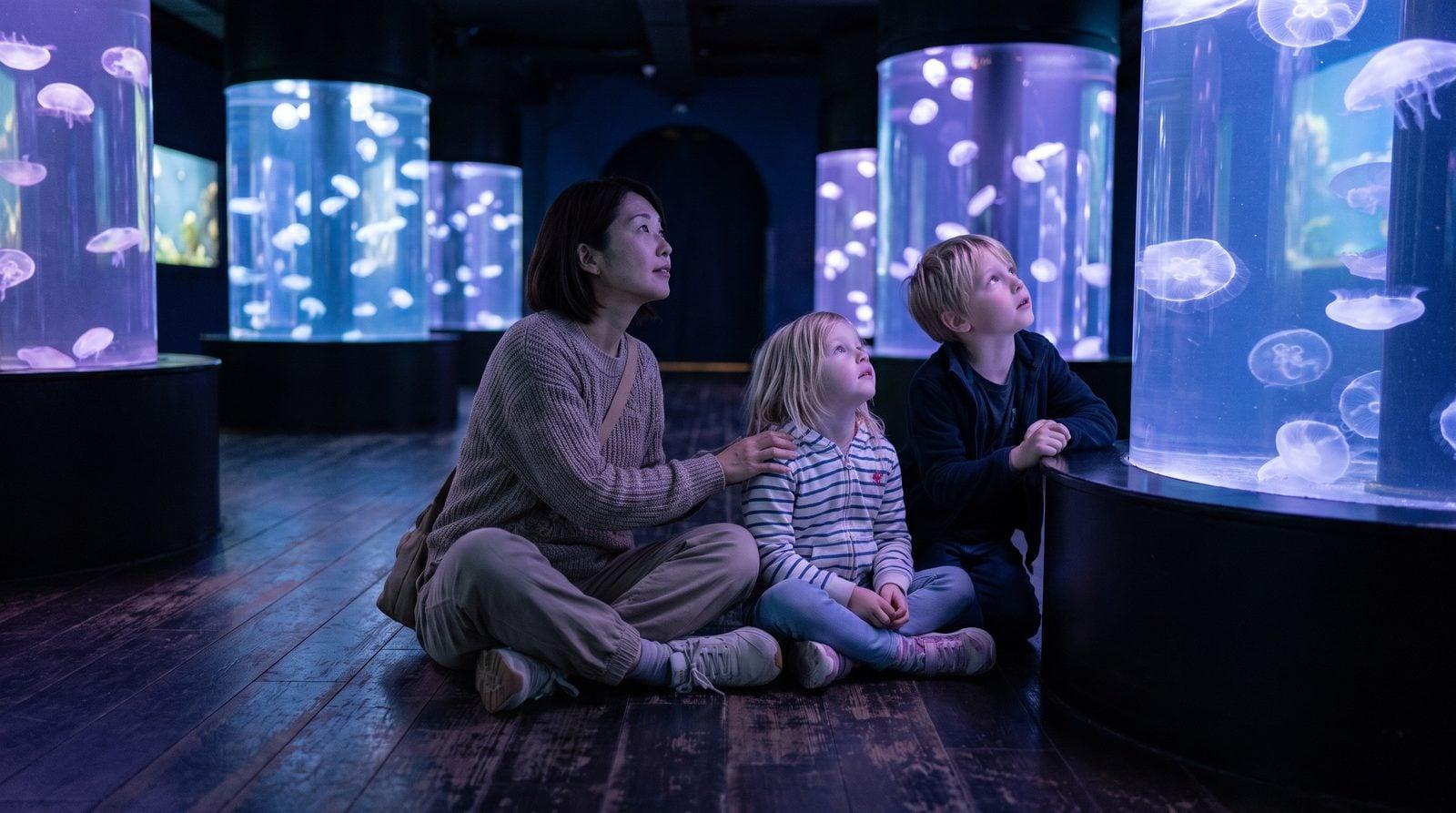 Nanny and two children watching illuminated jellyfish at Kaiyukan