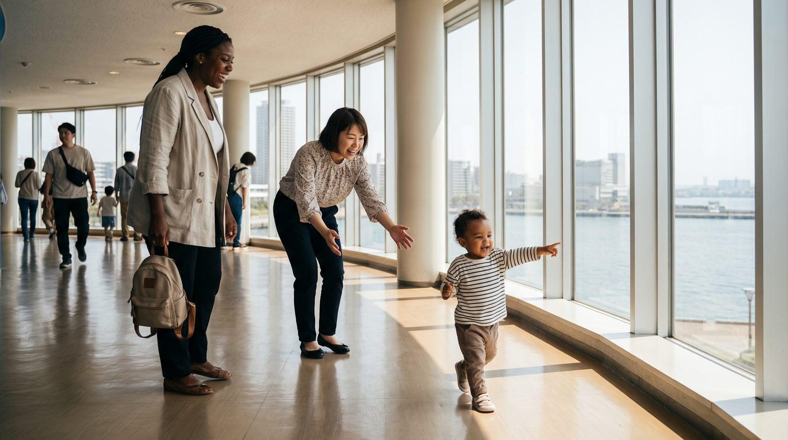 Mother and nanny accompanying toddler through Kaiyukan aquarium corridor