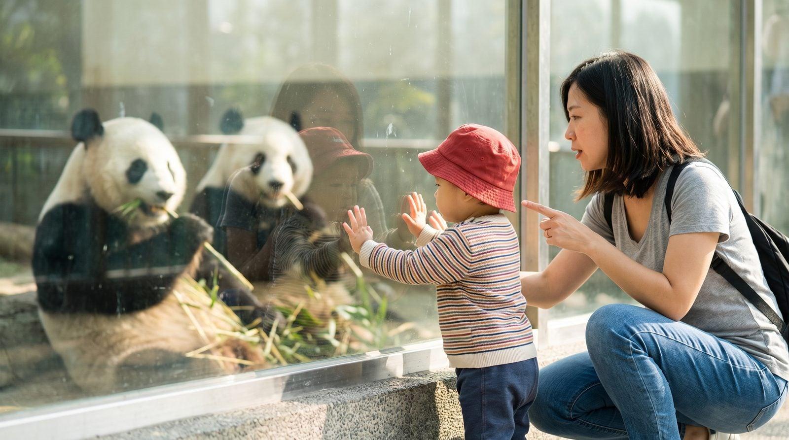 Taiwanese nanny and toddler watching giant pandas at Taipei Zoo exhibit
