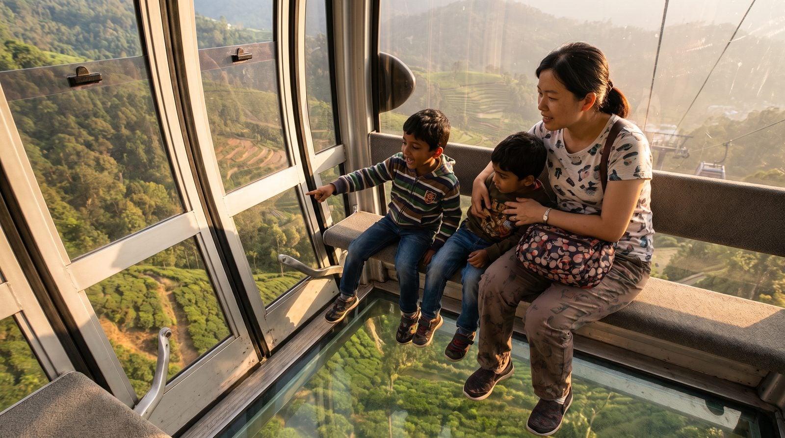 Nanny and two children looking through crystal floor of Maokong Gondola cabin