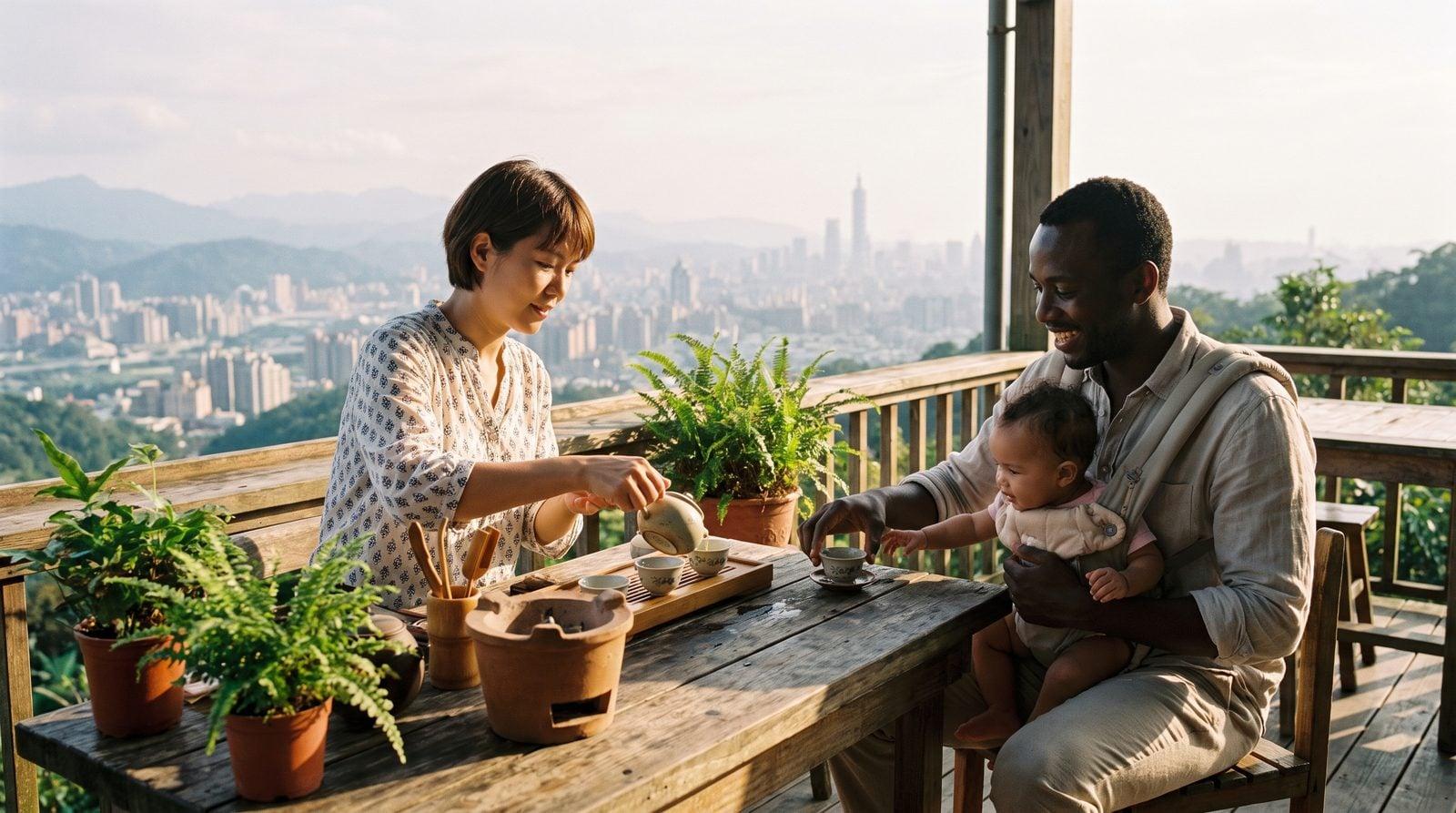 Taiwanese nanny serving tea to father and baby at Maokong mountain tea house