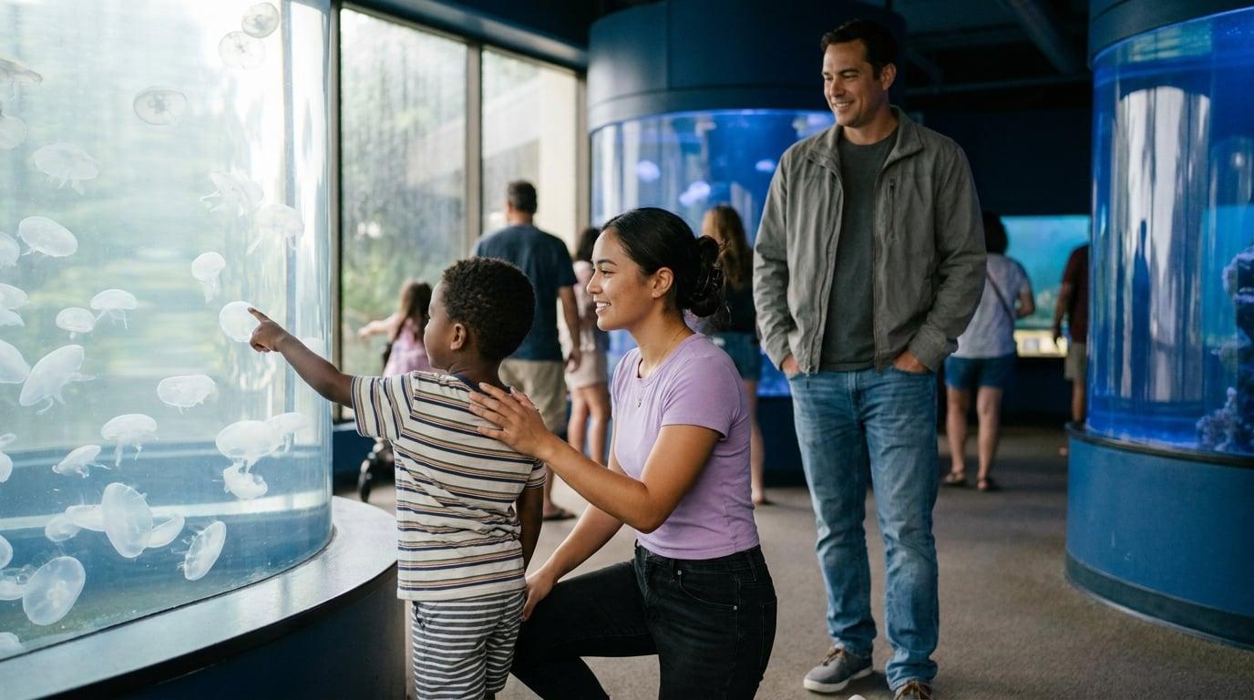 Hawaiian nanny and young boy watching jellyfish at Waikiki Aquarium with father nearby