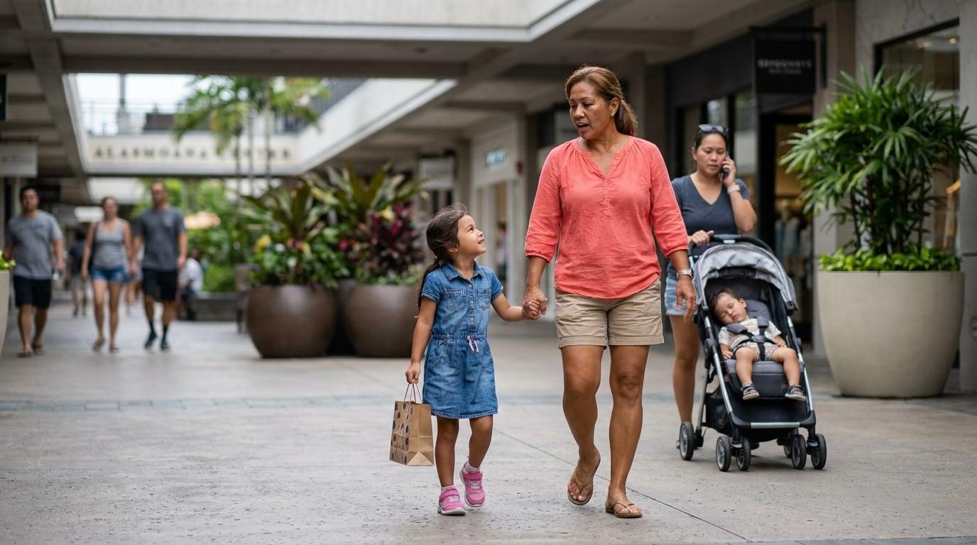 Hawaiian nanny walking with young girl through Ala Moana Center with mother and toddler following