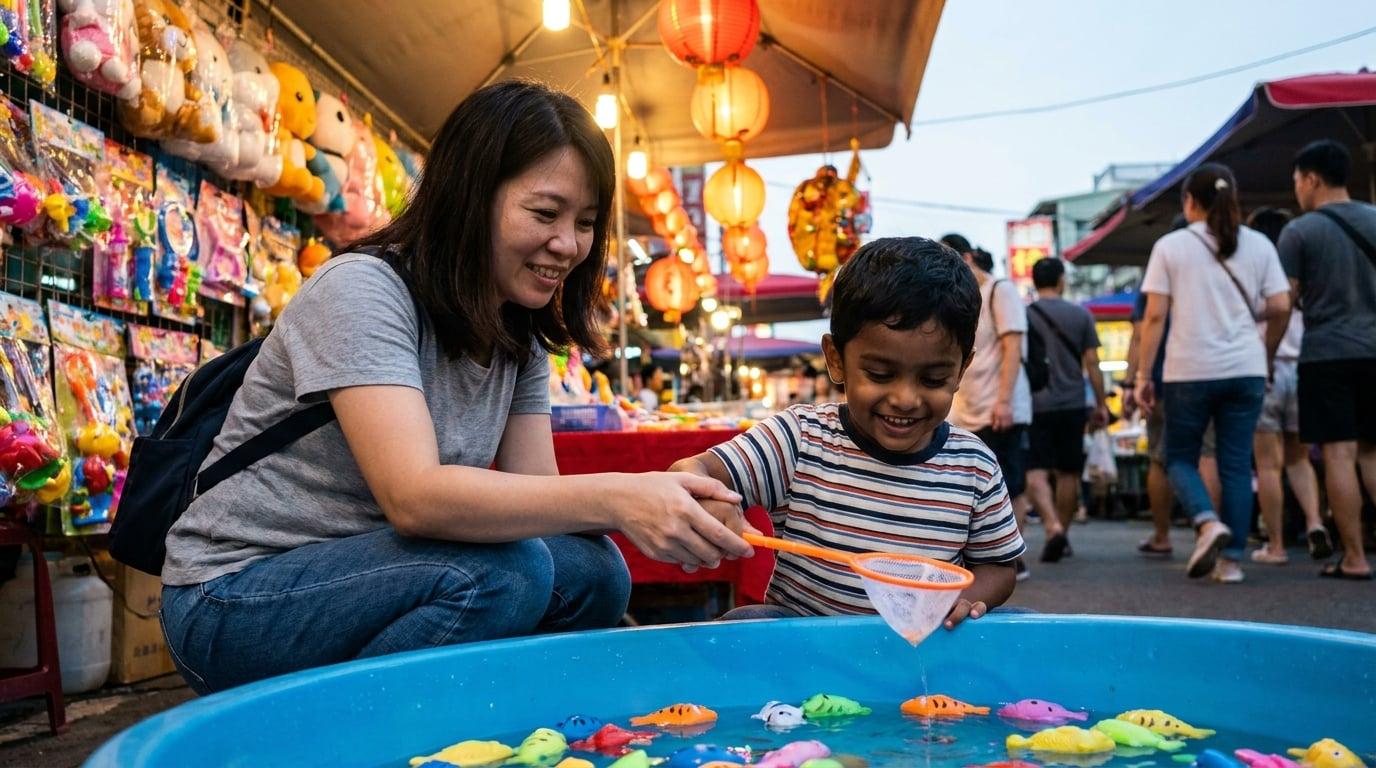 Taiwanese nanny helping young boy play fishing game at Taipei night market stall