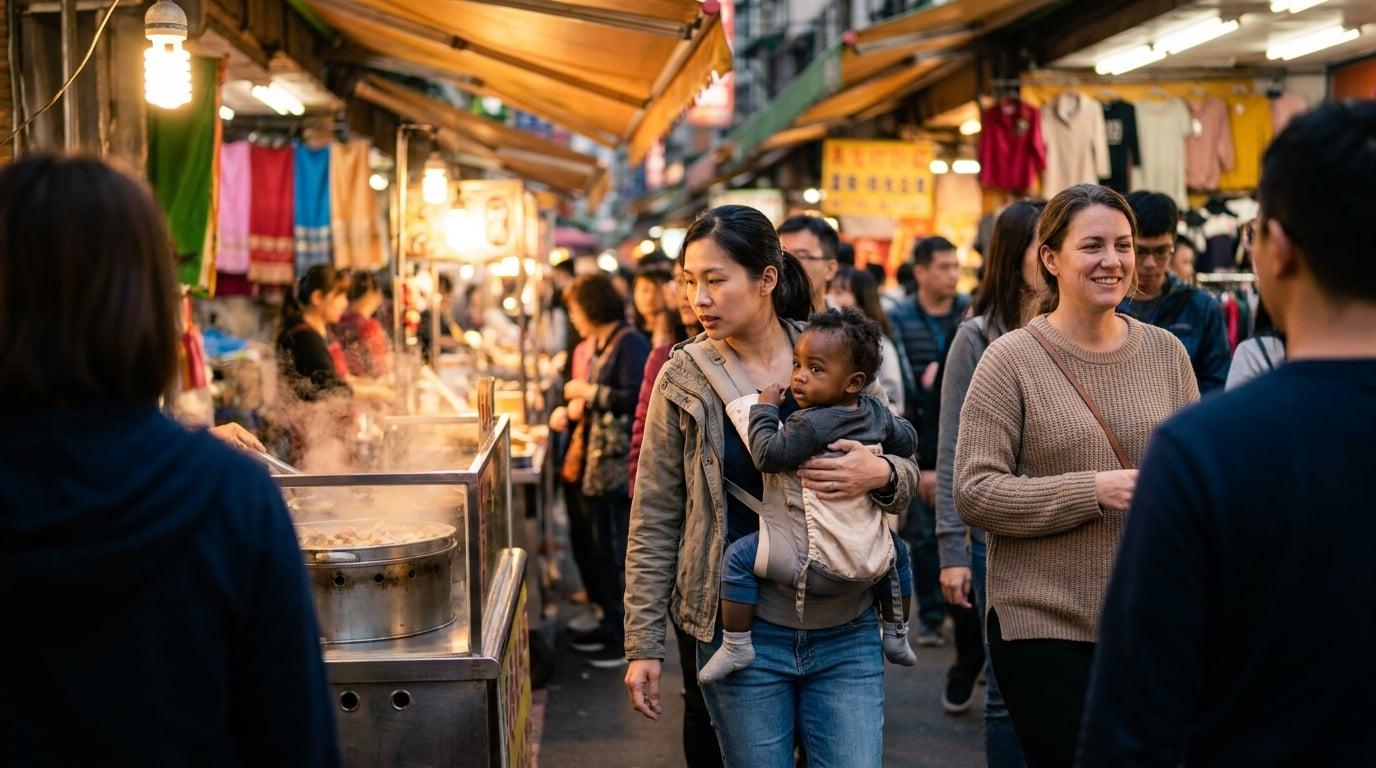 Nanny carrying toddler through busy Taipei night market with mother walking alongside