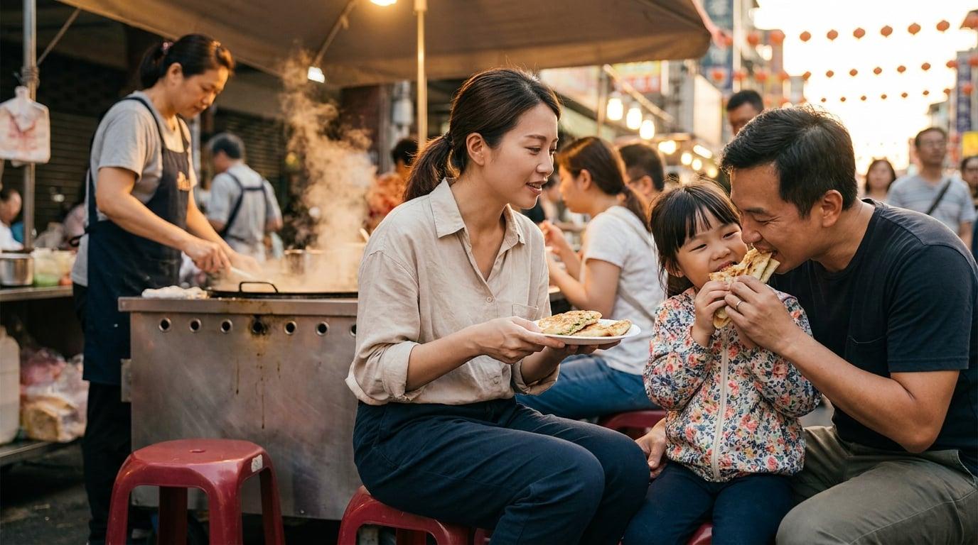 Nanny and family sharing scallion pancakes at Taipei night market food stall