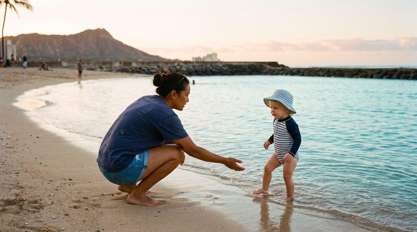 Hawaiian nanny encouraging hesitant toddler at calm Kūhiō Beach enclosure in early morning