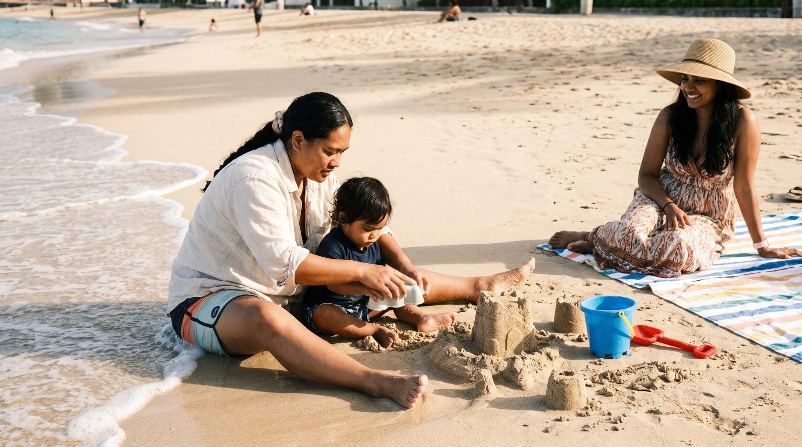 Nanny and toddler building sandcastle together at Waikīkī Beach in morning light