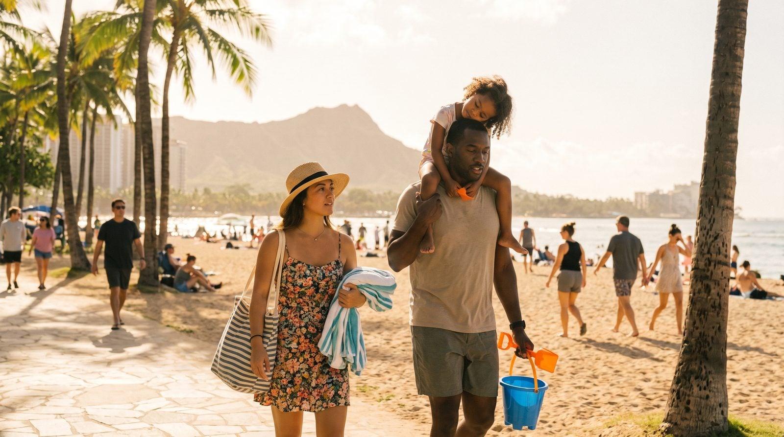 Family and nanny leaving Waikīkī Beach together in mid-morning after successful outing