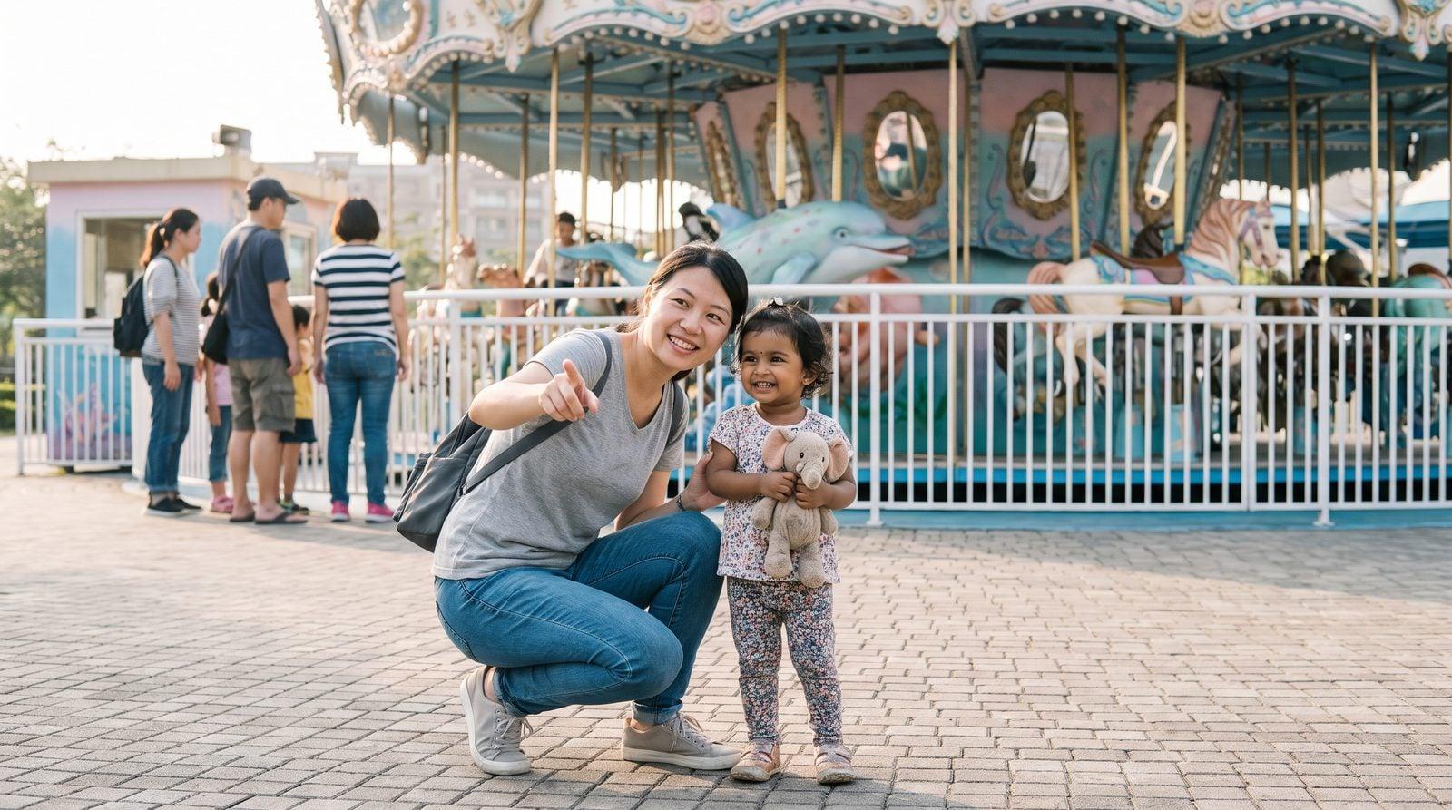 Taiwanese nanny with young South Asian girl near carousel at Taipei amusement park