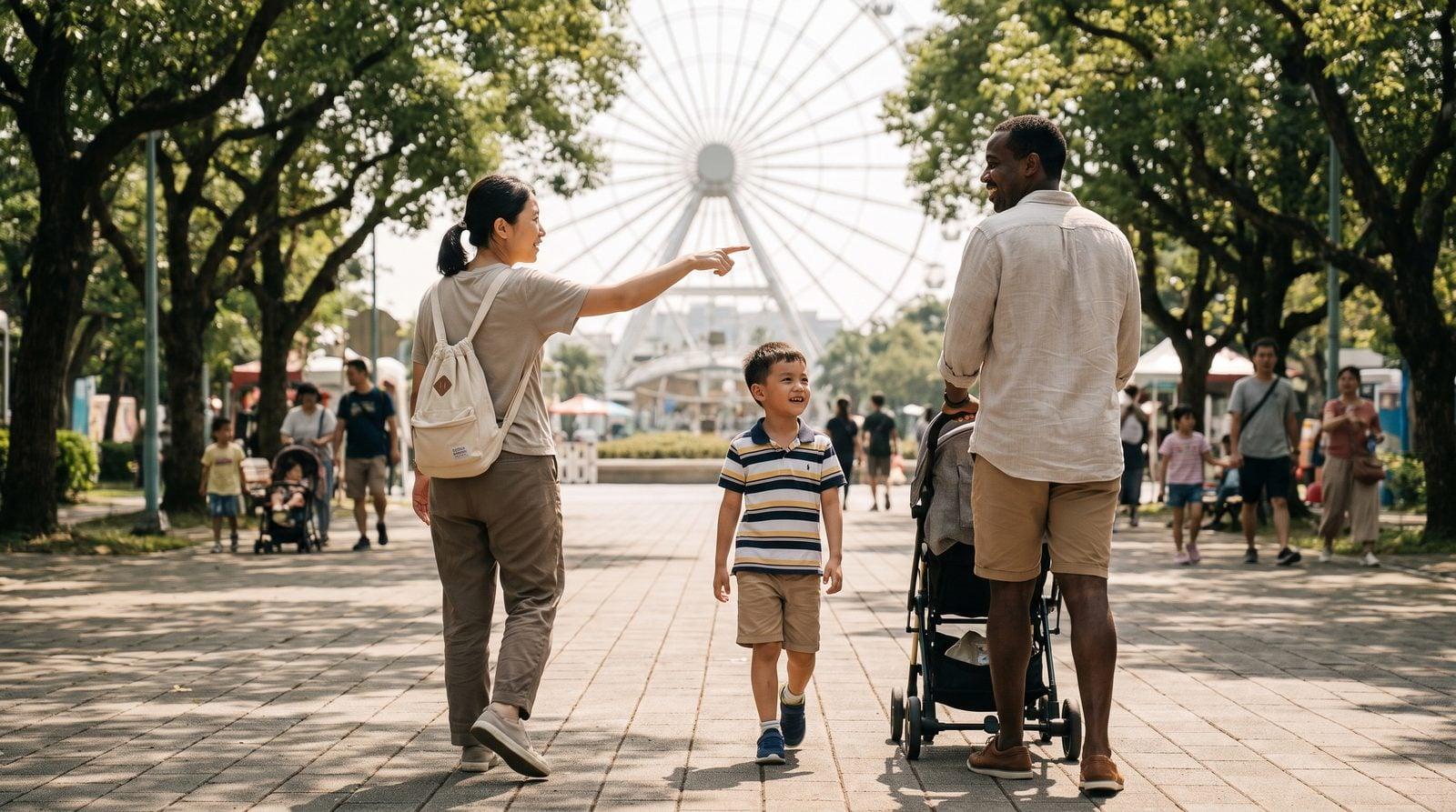 Taiwanese nanny walking with Black father and son on pathway at Taipei park