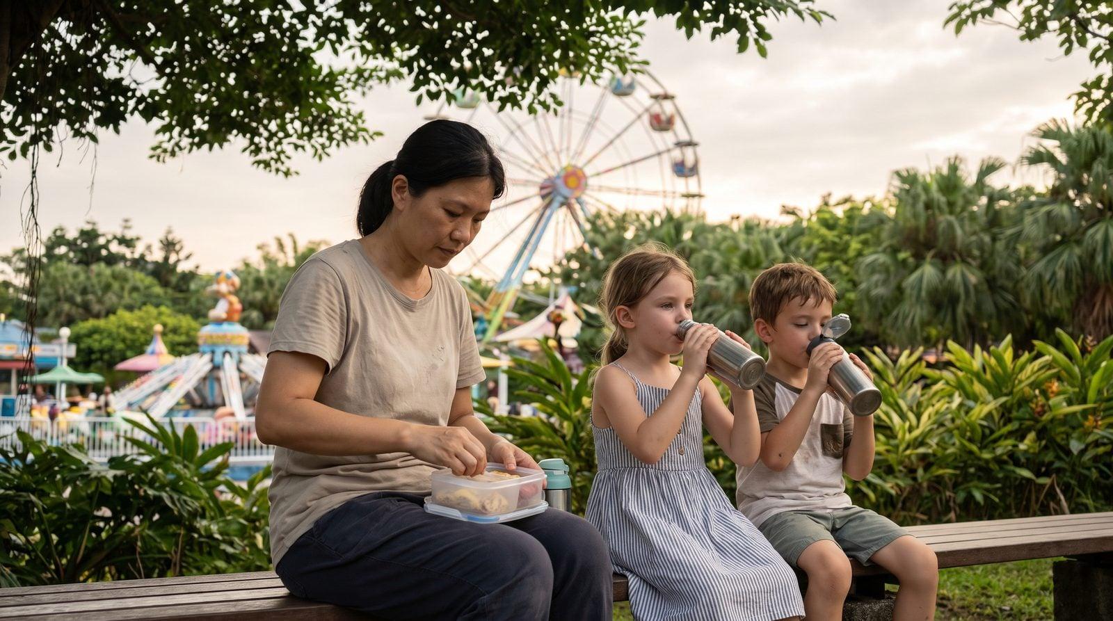 Taiwanese nanny with two Caucasian children during snack break at Taipei park