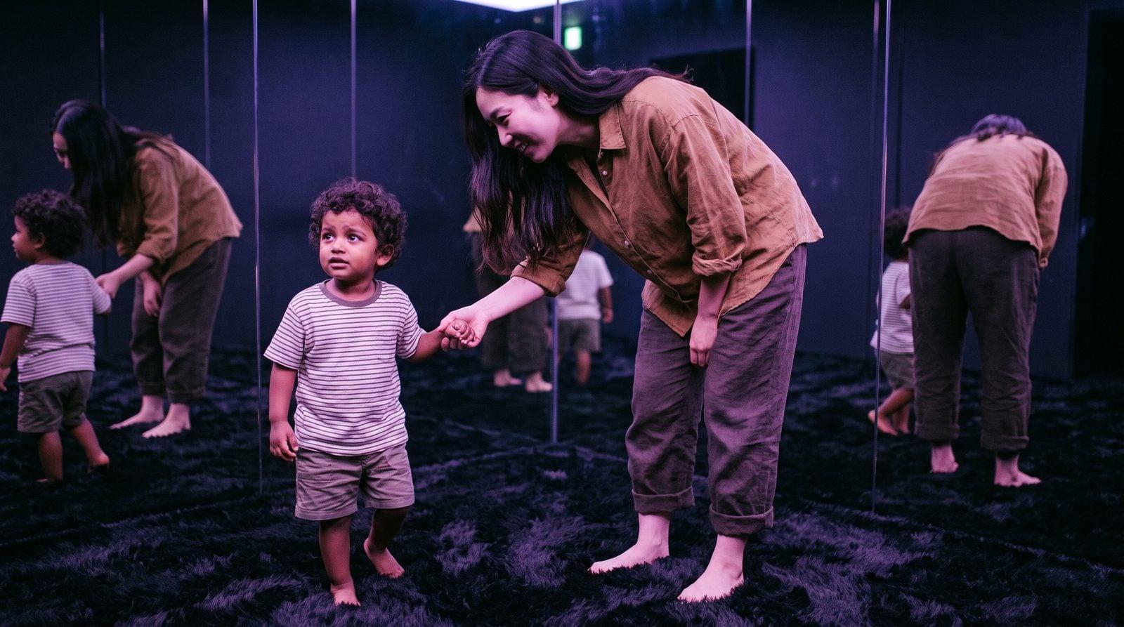Japanese nanny helping South Asian boy navigate dark soft floor room at TeamLab Planets Tokyo