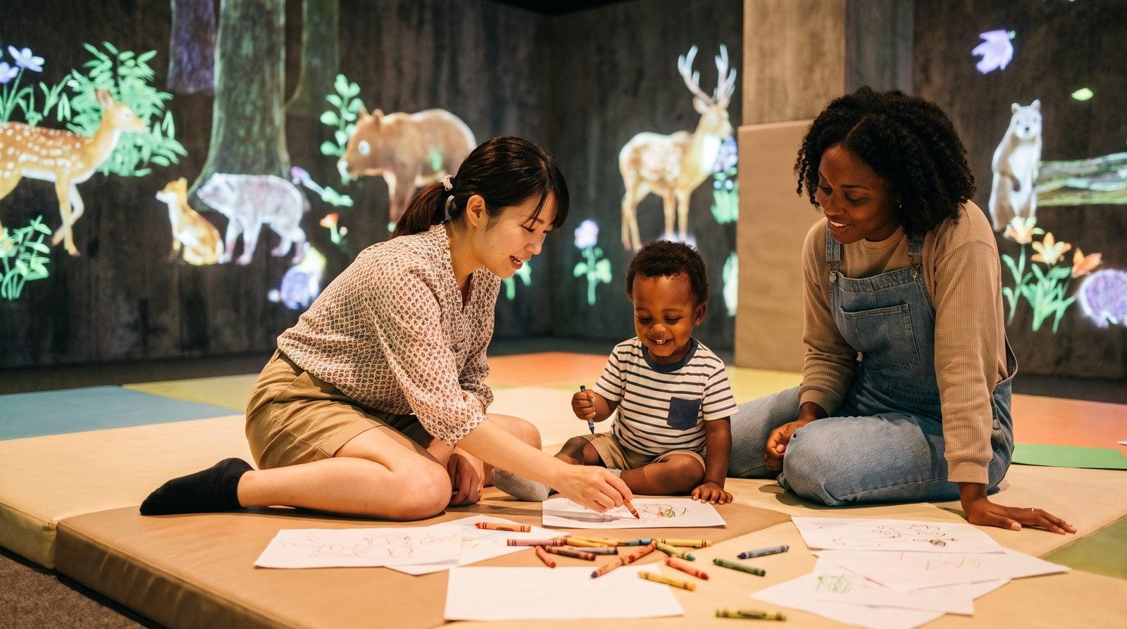 Japanese nanny and mother helping toddler draw at TeamLab Planets Forest section activity corner
