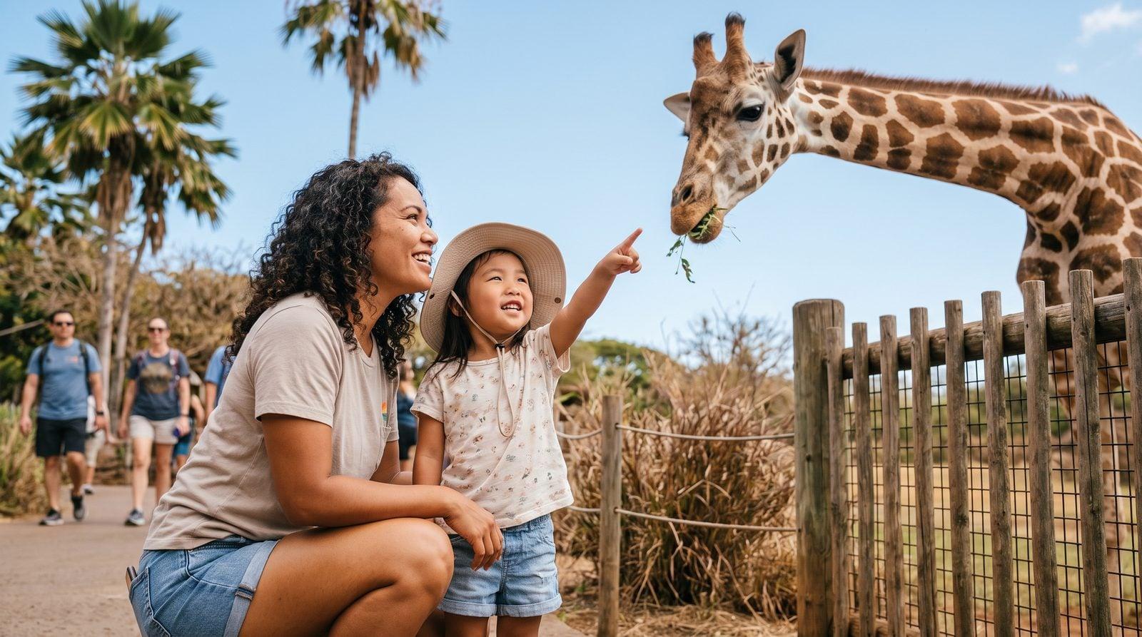 Hawaiian nanny and young girl watching giraffe at Honolulu Zoo African Savanna enclosure
