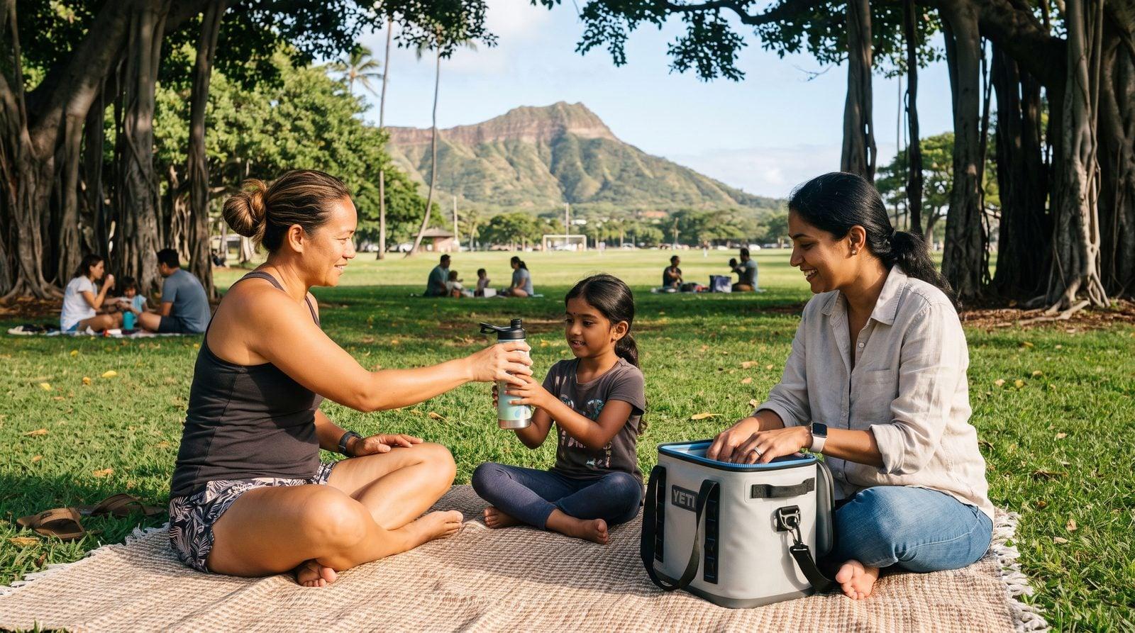 Hawaiian nanny and family having picnic on grass at Kapiolani Park with Diamond Head