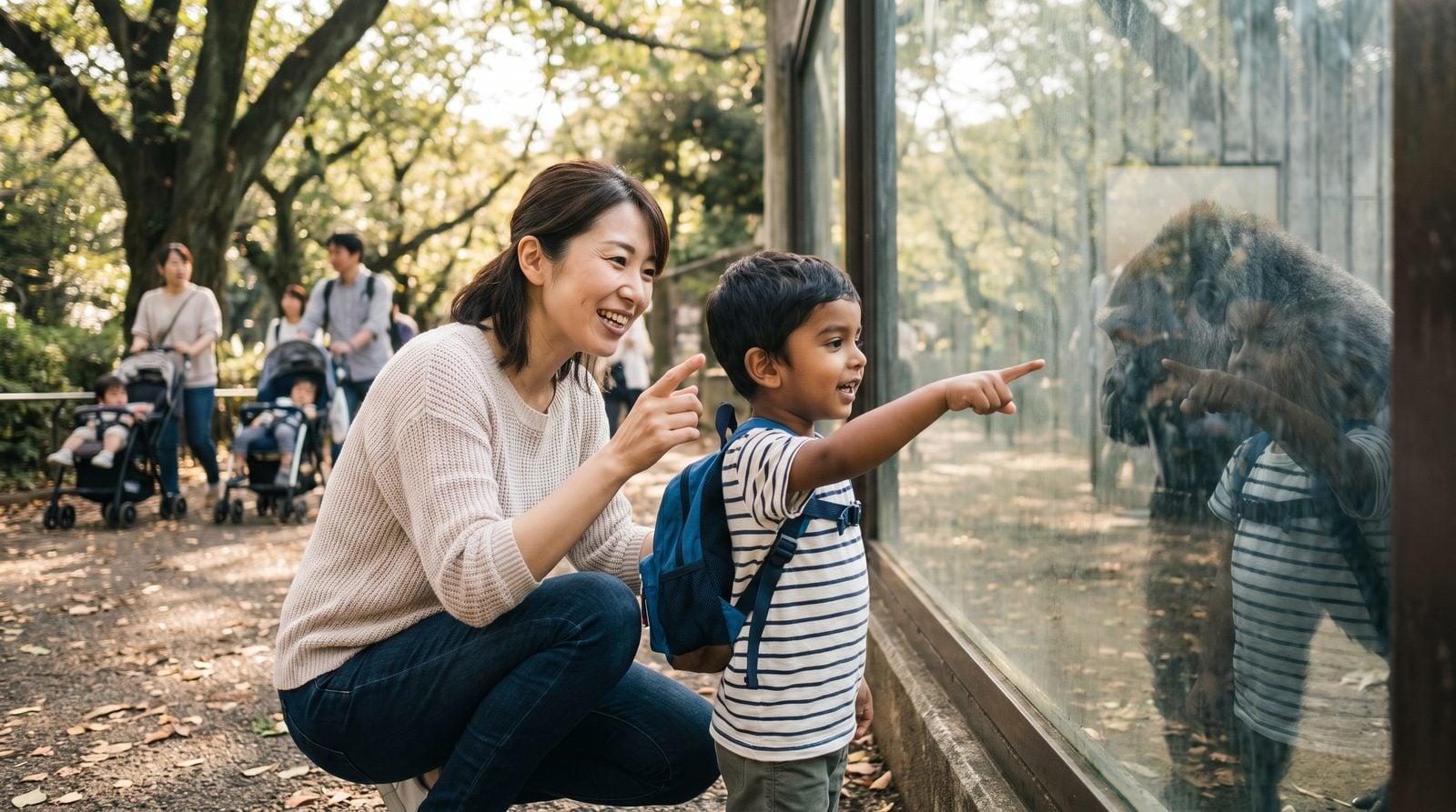 Japanese nanny and young boy watching gorillas together at Ueno Zoo