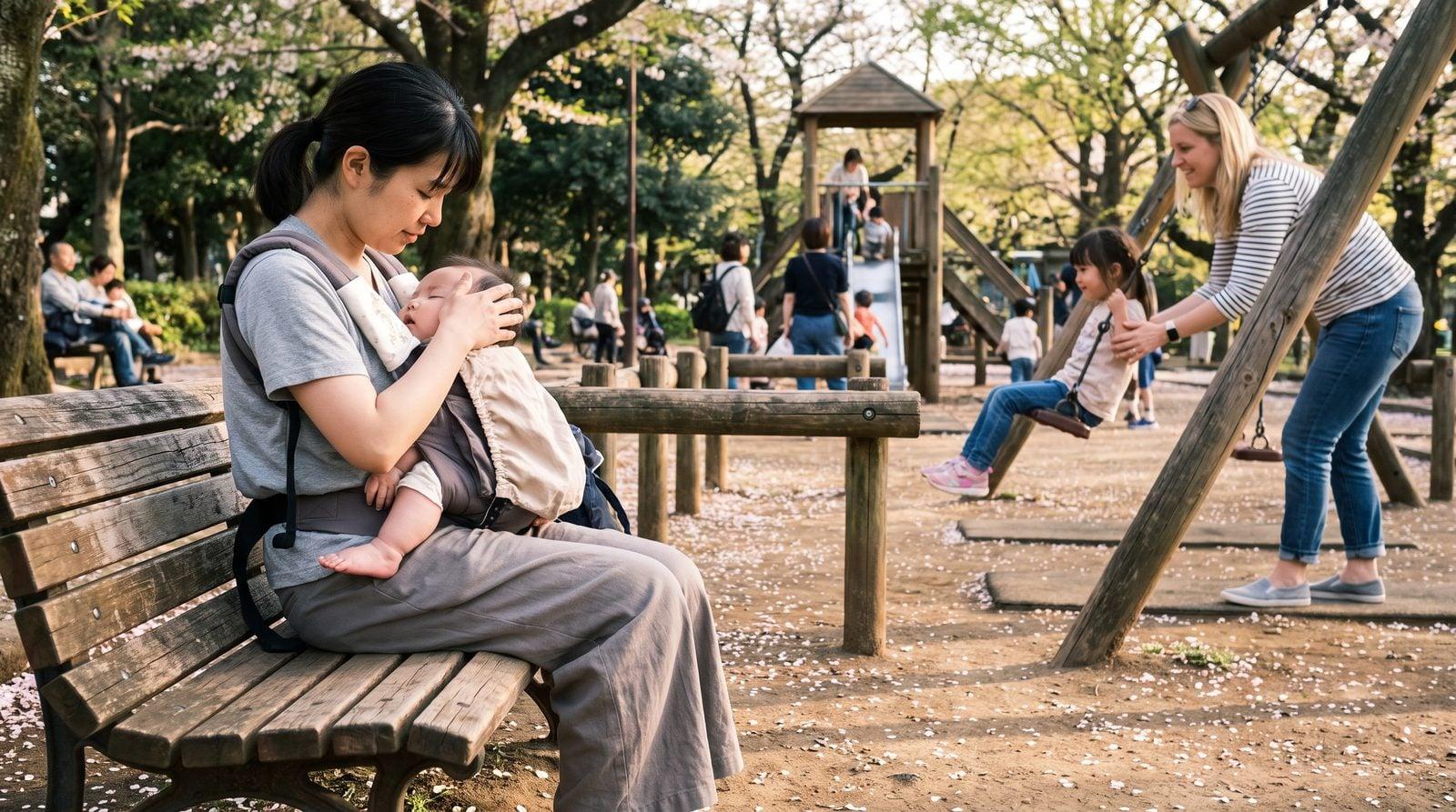 Nanny holding sleeping baby while mother pushes child on playground swings in Ueno Park