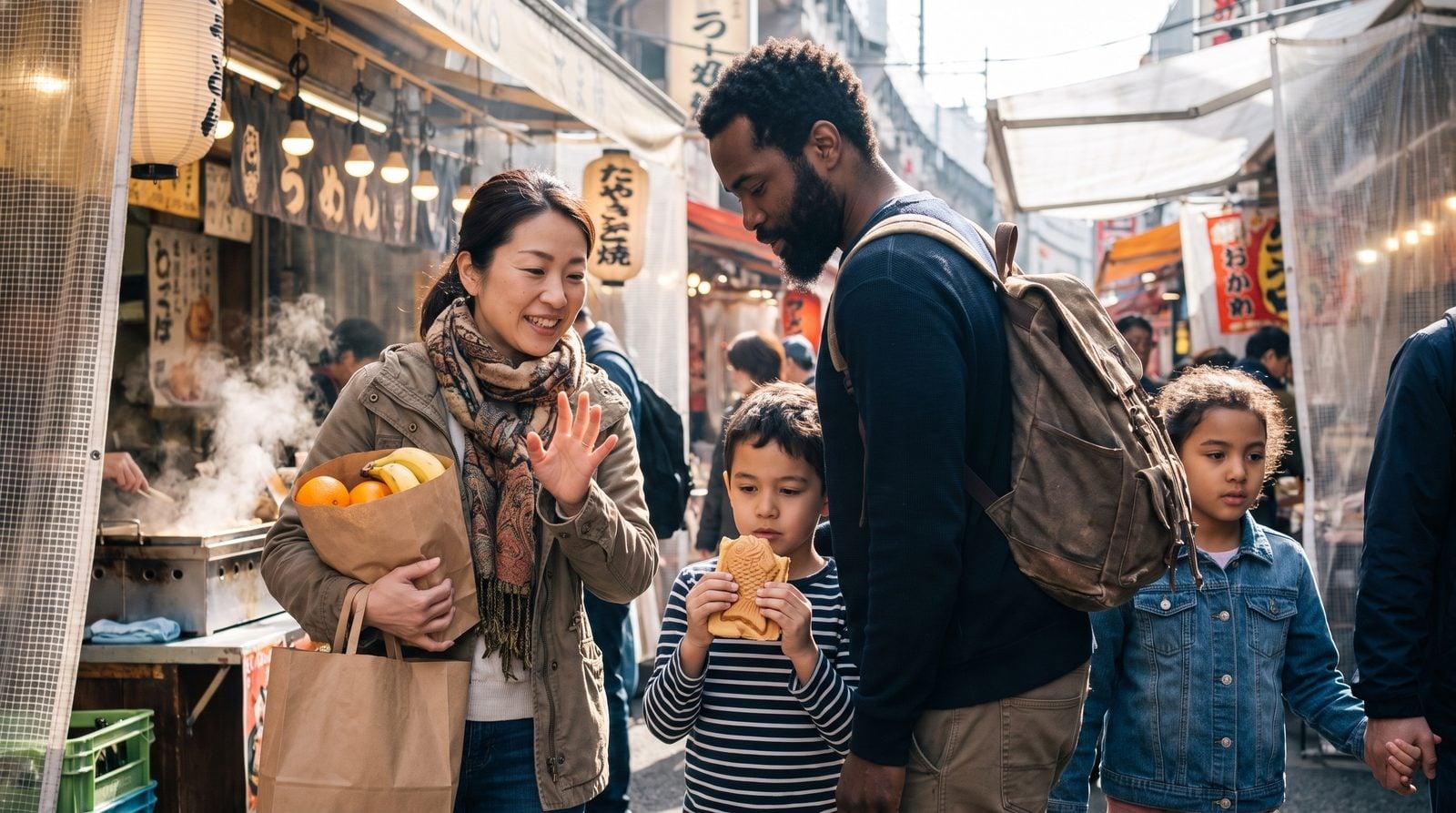 Japanese nanny helping family navigate and order food at Ameyoko market