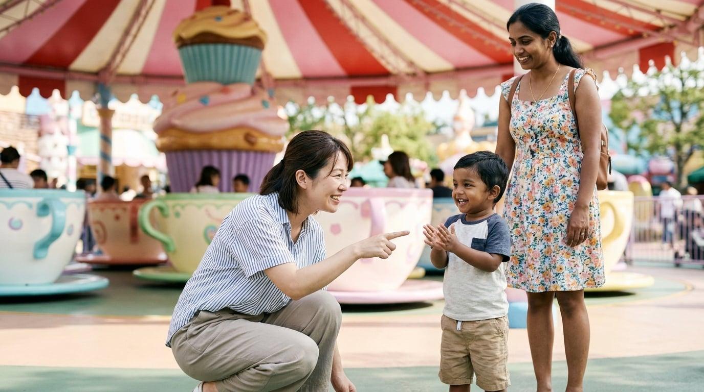 Japanese nanny and toddler boy at Hello Kitty ride entrance in Universal Wonderland
