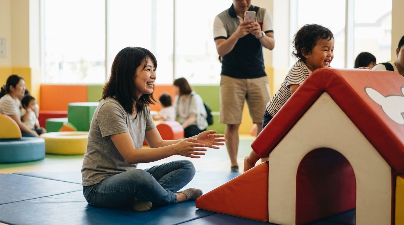 Nanny and toddler girl playing in Snoopy indoor play area at Universal Studios Japan