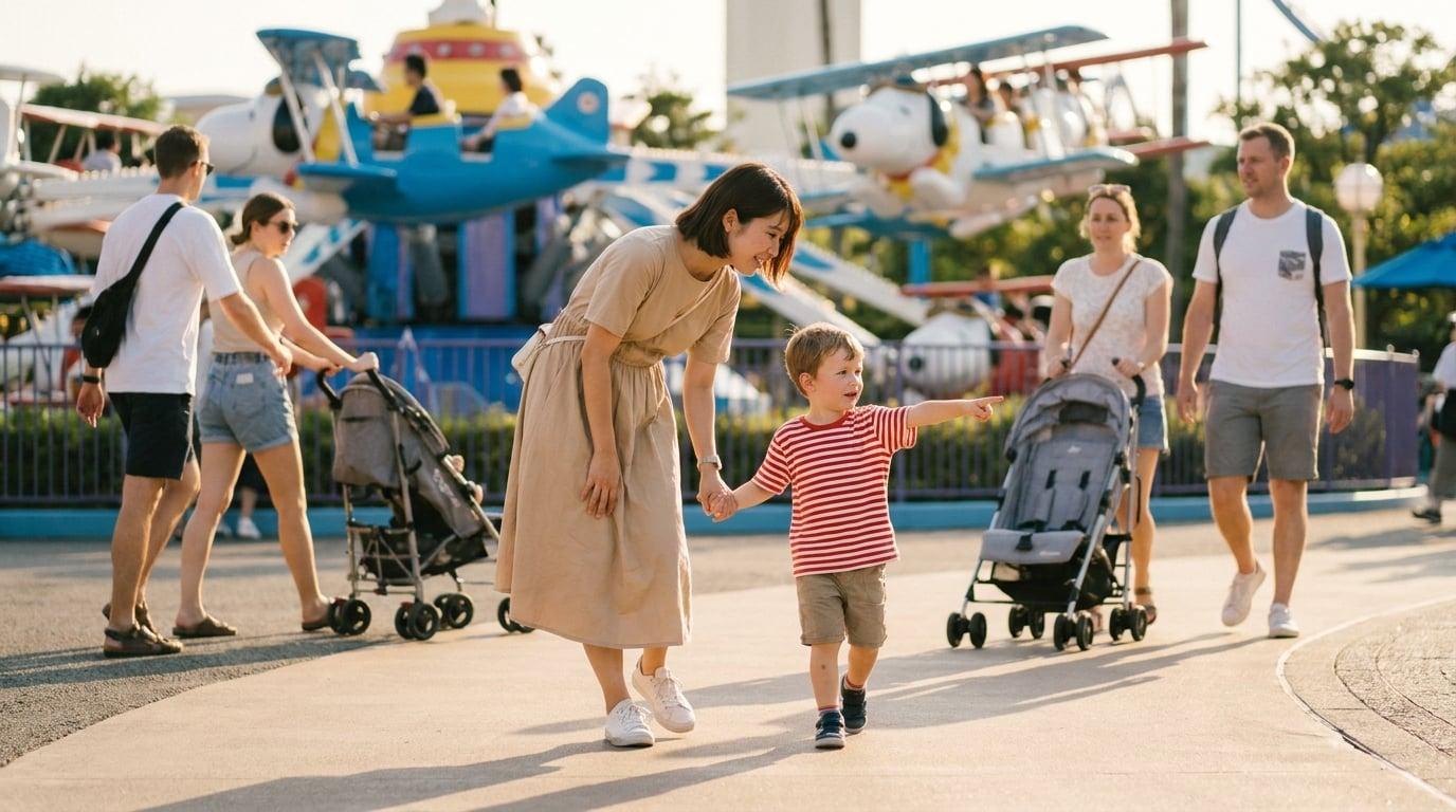 Nanny and young boy walking toward Flying Snoopy ride in late afternoon